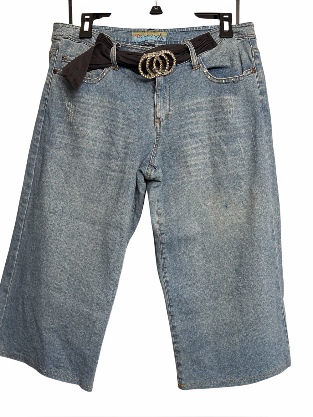 TOO-SHE-SHE size 8 oversized capri jeans 
With rhinestone embellished self belt